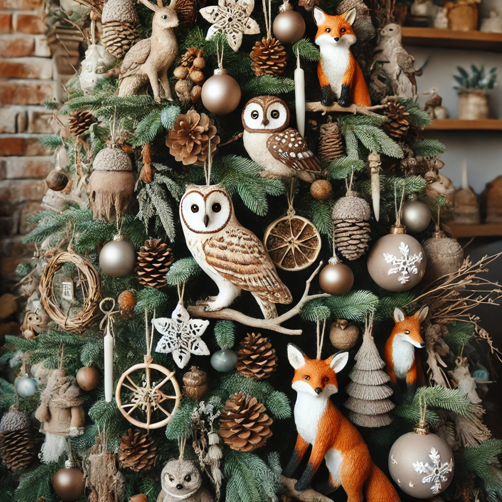 A 'Woodland Creatures' Christmas tree decorated with ornaments of animals such as owls, foxes, and deer. The tree is adorned with natural elements like pine cones, acorns, and twigs, creating an earthy and rustic look. The color palette consists of brown, green, and white tones, enhancing the natural, forest-inspired theme. The overall design is cozy, warm, and reminiscent of a serene woodland setting, perfect for bringing a touch of nature to the holiday decor.