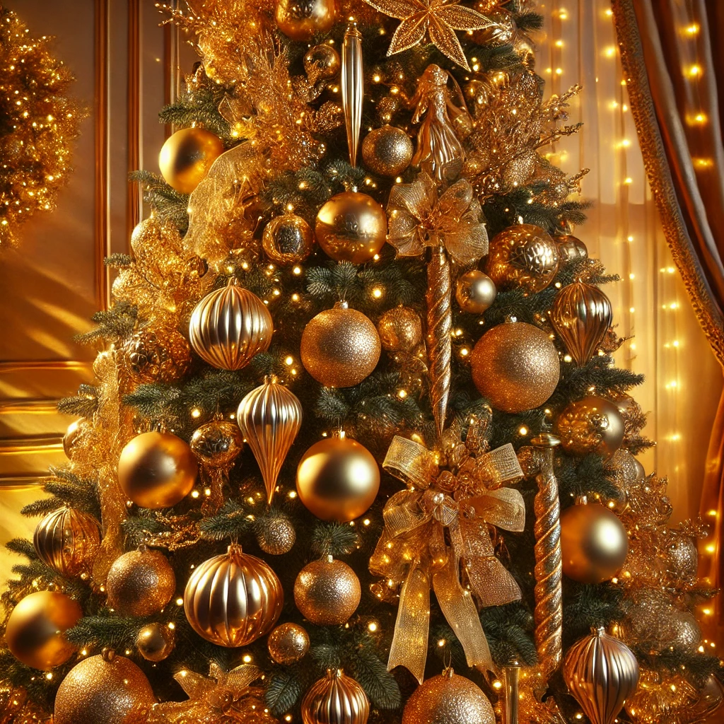 A 'Golden Hour Glow' Christmas tree decorated with warm, golden lights and a variety of gold-toned ornaments. The tree features metallic gold ribbons and shiny, reflective baubles, creating a luxurious, glowing effect. At the top, a gold star or angel serves as the perfect finishing touch, enhancing the elegant, warm ambiance. The overall design is sophisticated, radiant, and rich, evoking a sense of opulence and festive charm.