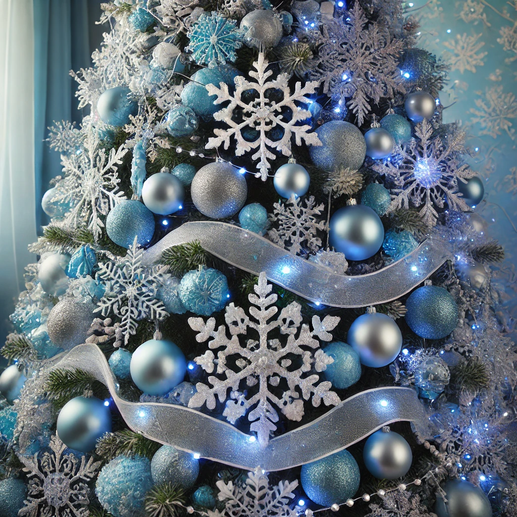 A 'Frozen-Inspired Blue & Silver' Christmas tree decorated with icy blue and silver ornaments to create a frosty, winter wonderland look. The tree features snowflake ornaments and glittery ribbons that shimmer in the light. Blue LED lights are woven throughout, casting a cool, icy glow. The overall design is elegant, sparkling, and reminiscent of a frozen, magical winter scene, evoking the beauty of snow and ice in a festive and enchanting way.