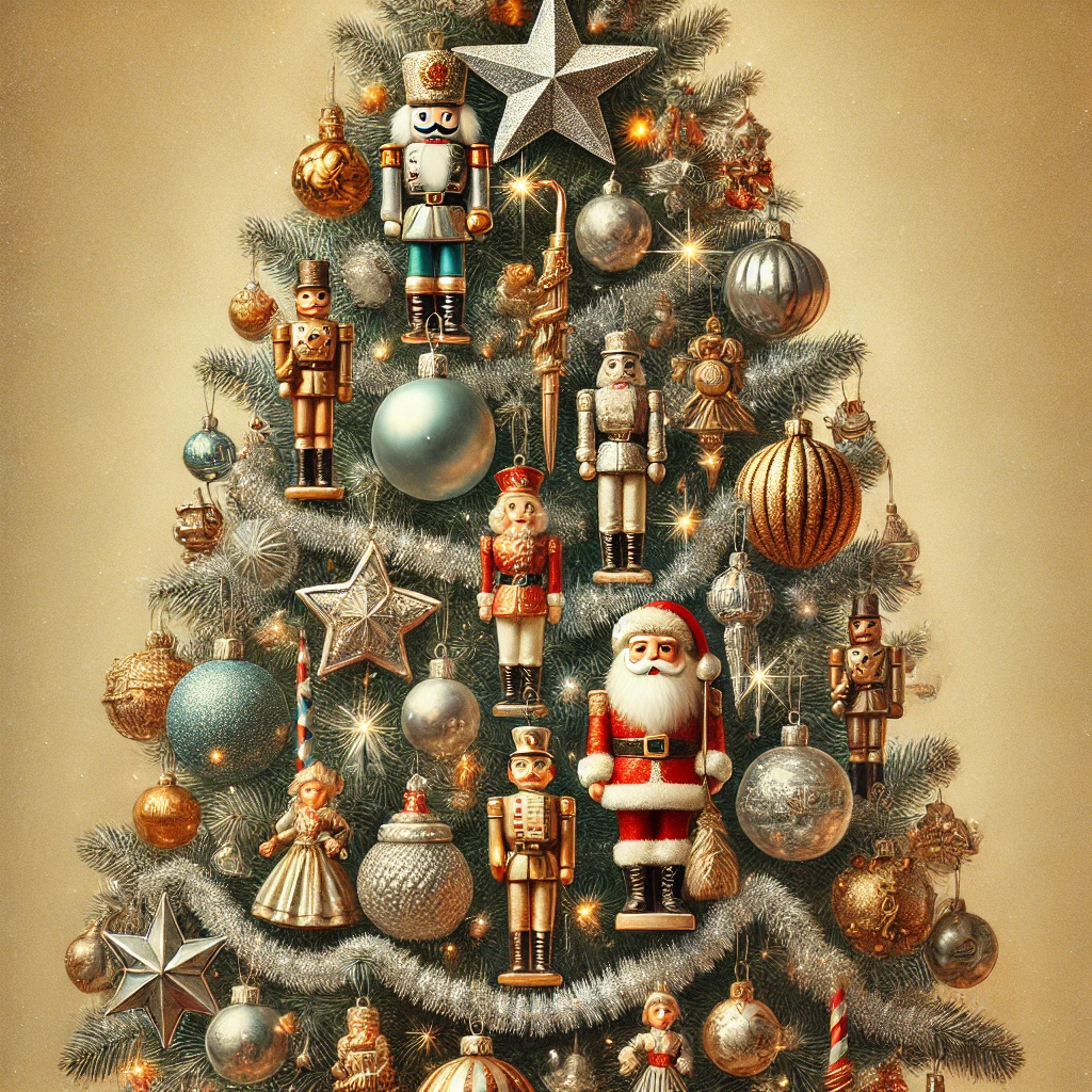 A 'Vintage Nostalgia' Christmas tree design featuring classic vintage ornaments such as glass baubles, tin soldiers, and old-fashioned Santas. The tree is decorated with shimmering tinsel that adds a retro touch, reminiscent of classic holiday decor from past decades. At the top of the tree, a traditional star or angel completes the nostalgic look. The overall aesthetic is warm, timeless, and charming, evoking memories of classic Christmases with a touch of vintage elegance.