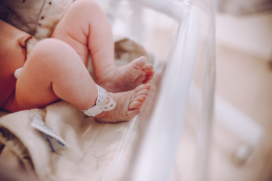 Free Close-up of newborn baby feet with hospital ID bracelet, symbolizing new beginnings. Stock Photo