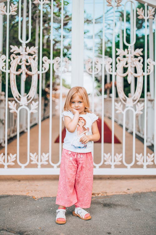 Free A young girl standing thoughtfully outdoors in front of an ornate iron gate, in casual attire. Stock Photo