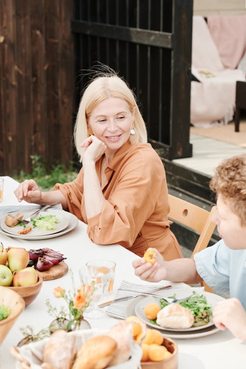 Free A Mother and Boy Eating Together  Stock Photo